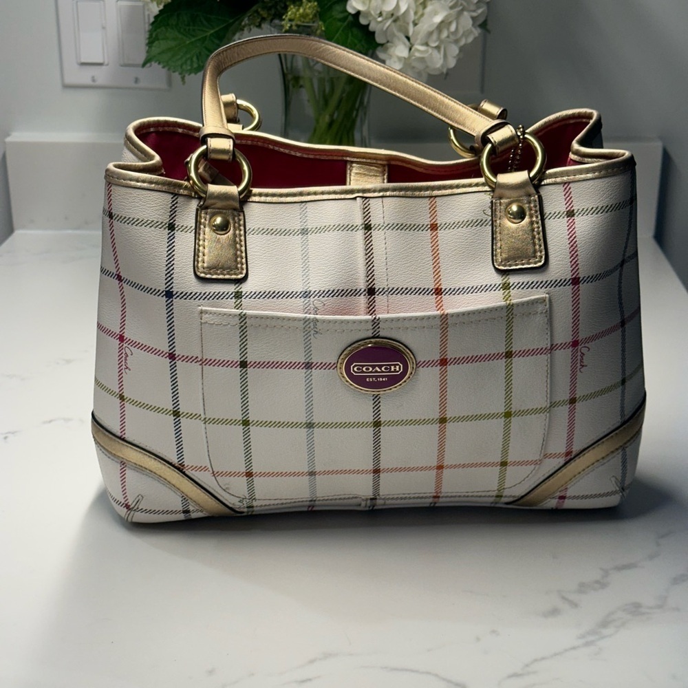 Coach Peyton Tattersall Plaid Rainbow White Shoulder/Tote Bag - Picture 15 of 16